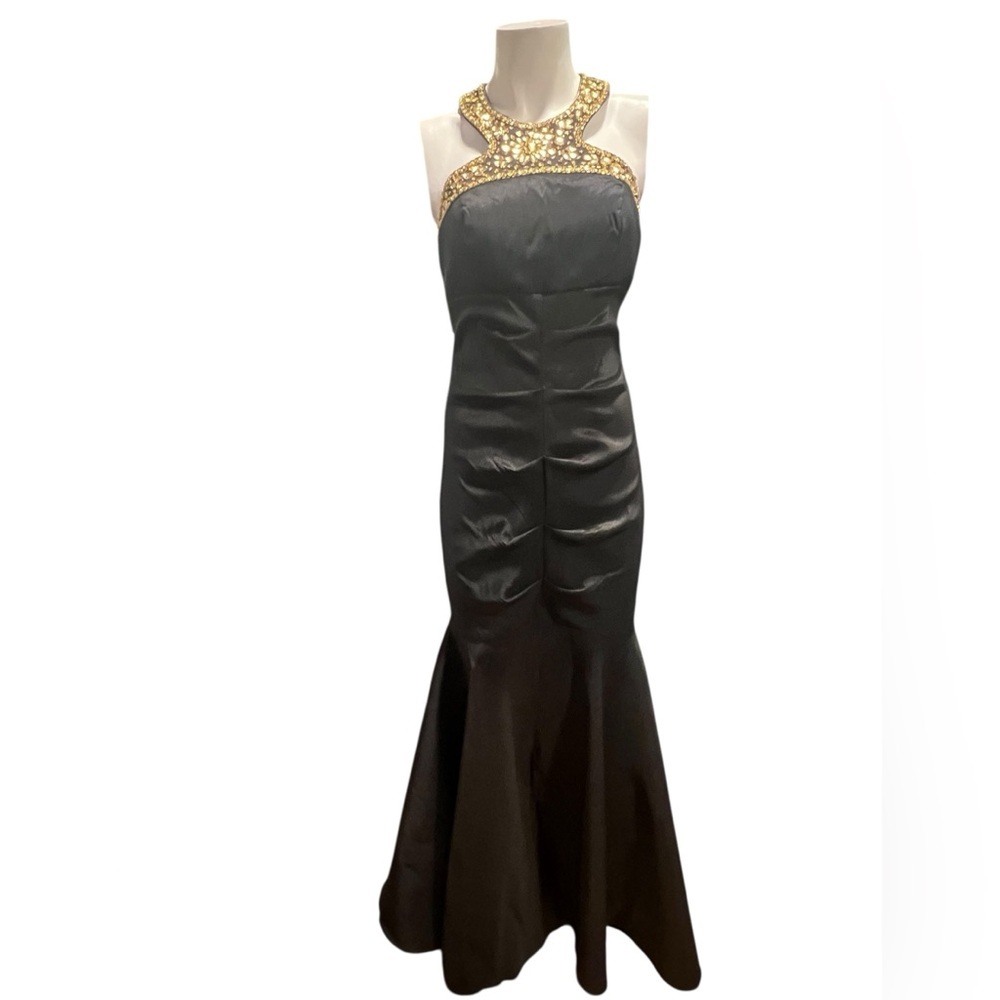 Xscape Strapless Black Dress with Gold Accents